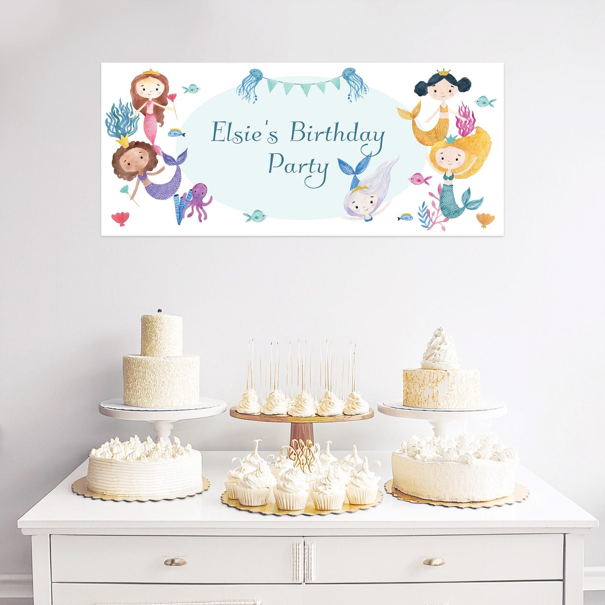 A personalised, custom mermaid-themed birthday banner made from lustrous satin paper. It's designed for party décor and is part of the Confites UK product line.