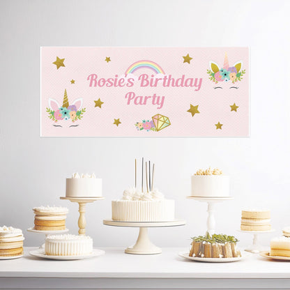 Unicorn birthday party personalised banner in satin paper