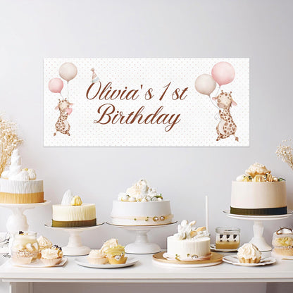 Personalised Giraffe 1st Birthday Banner – Baby Girl Party Décor