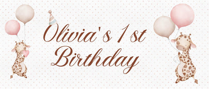 Personalised Giraffe 1st Birthday Banner – Baby Girl Party Décor