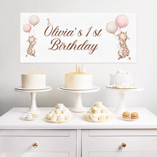 Personalised Giraffe 1st Birthday Banner – Baby Girl Party Décor