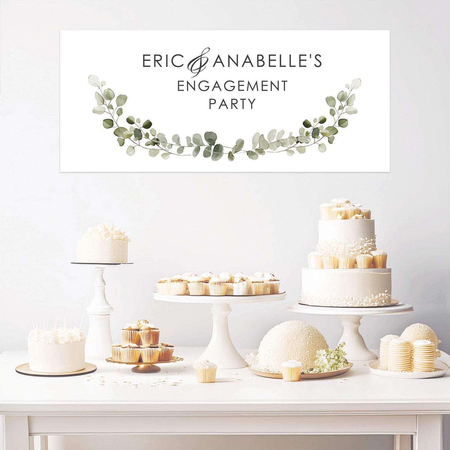 A personalised engagement party banner featuring a green botanical design