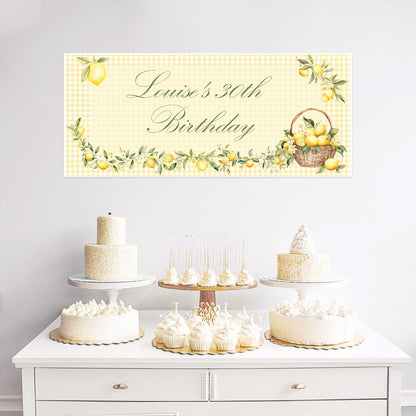 A customisable birthday banner with an Italian lemon theme. It's printed on satin paper and can have custom wording.