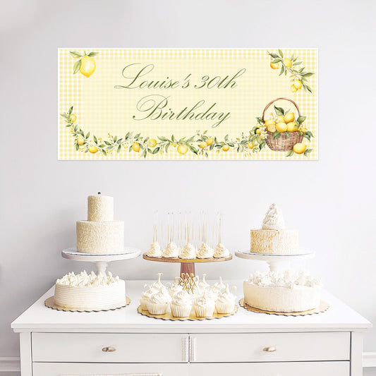 A customisable birthday banner with an Italian lemon theme. It's printed on satin paper and can have custom wording.