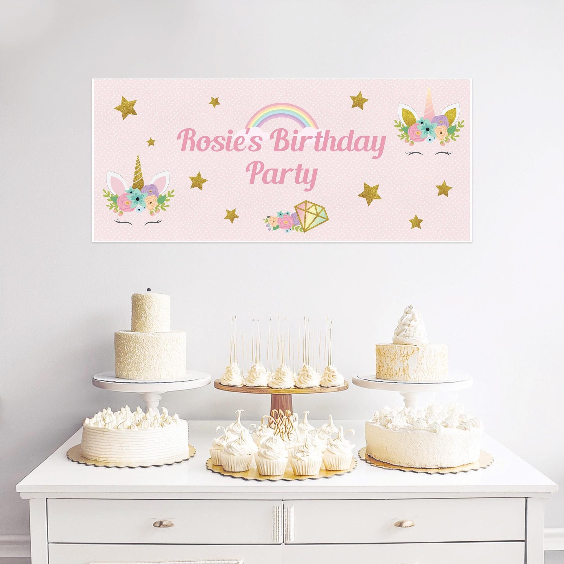 Personalised unicorn birthday banner on luxury satin paper featuring whimsical unicorn designs with customizable text, approximately 43 cm × 1 m