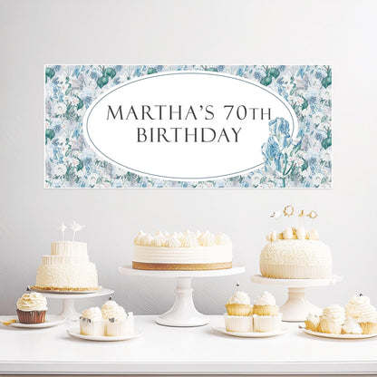 A custom blue floral birthday banner with customizable text.