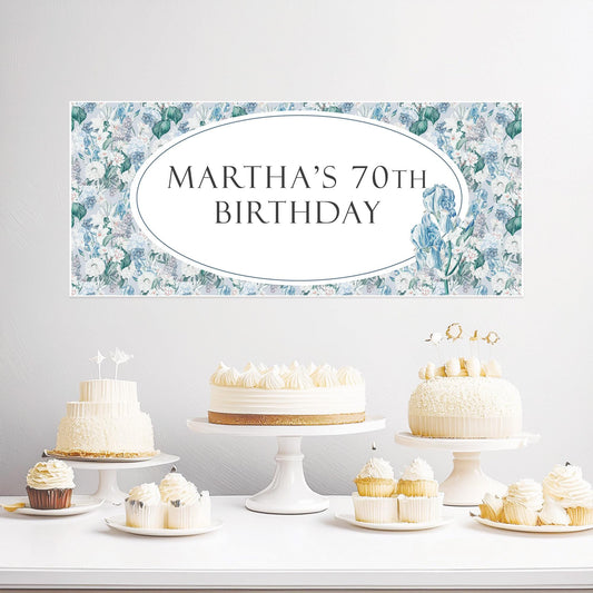 A custom blue floral birthday banner with customizable text.