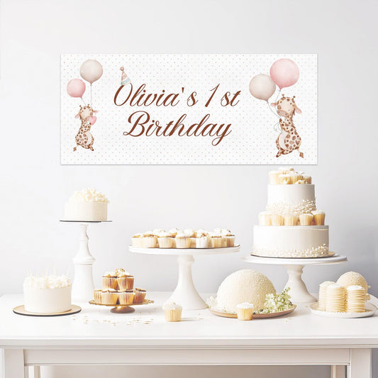 A personalised banner for a girl's first birthday, also suitable for other occasions like baby showers, christenings, and baptisms.