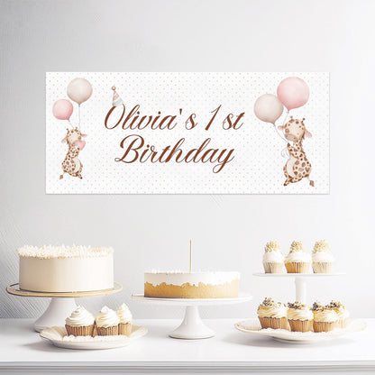 Personalised Giraffe 1st Birthday Banner – Baby Girl Party Décor