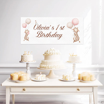Personalised Giraffe 1st Birthday Banner – Baby Girl Party Décor