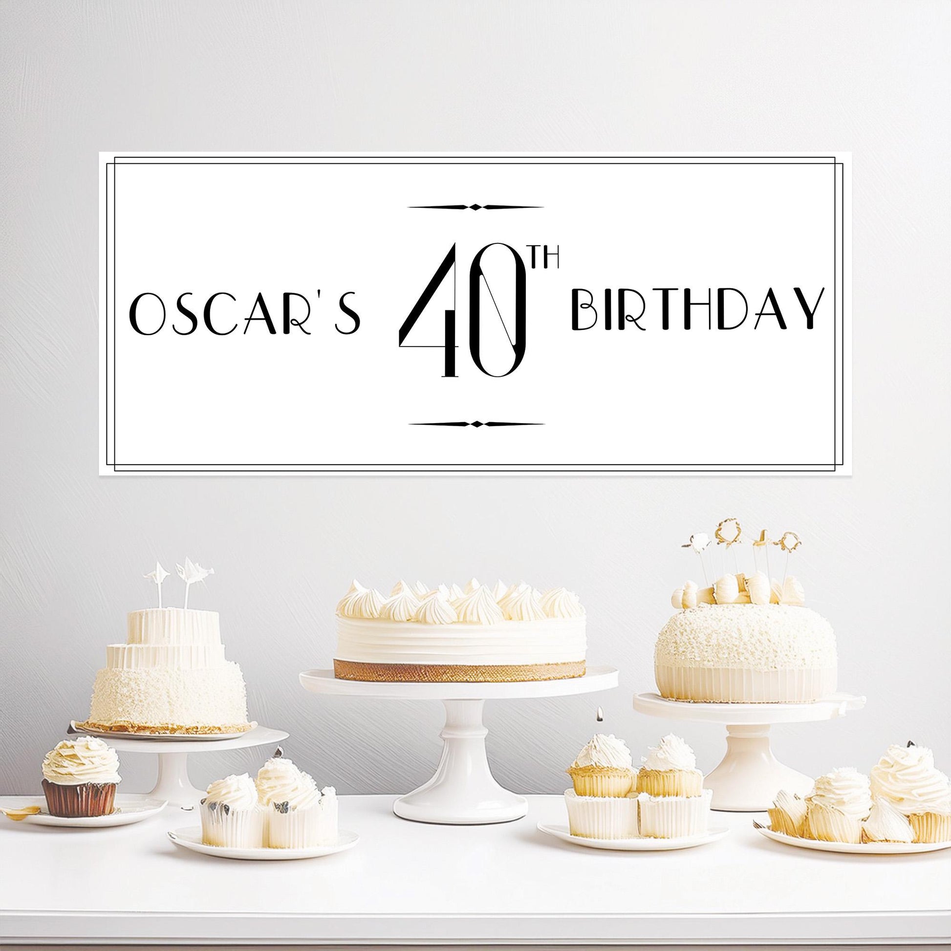 This product is a personalised black and white birthday banner from the company Confites UK.

 The banner can be personalised with your own wording.

It's printed on satin paper.
