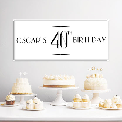 This product is a personalised black and white birthday banner from the company Confites UK.

 The banner can be personalised with your own wording.

It's printed on satin paper.