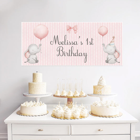 Personalised 1st Birthday Banner – Baby Elephant (Girls)