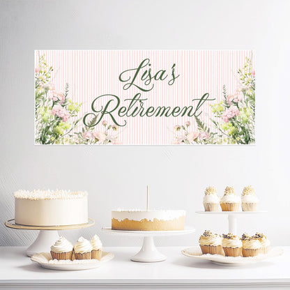  A customisable pink floral retirement party banner printed on satin paper. It can be used for retirement, birthdays, or other celebrations.