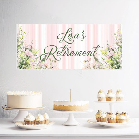  A customisable pink floral retirement party banner printed on satin paper. It can be used for retirement, birthdays, or other celebrations.