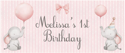 Personalised 1st Birthday Banner – Baby Elephant (Girls)