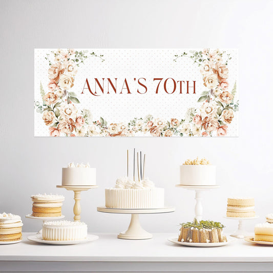 A custom-worded birthday banner with a floral design, printed on satin paper.