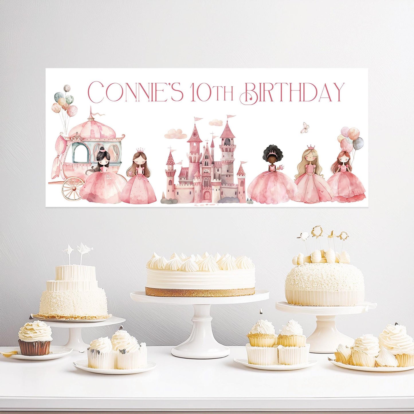 Personalised Princess Birthday Banner – Luxury Satin Paper Party Decoration
