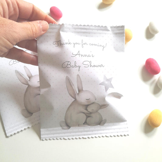Personalised bunny baby shower favour bag – matte-finish paper with cute bunny illustration and floral accents, ‘Thank you for coming!’ text, customised with name, self-sealing, approx 13 cm × 17 cm, pack of 10