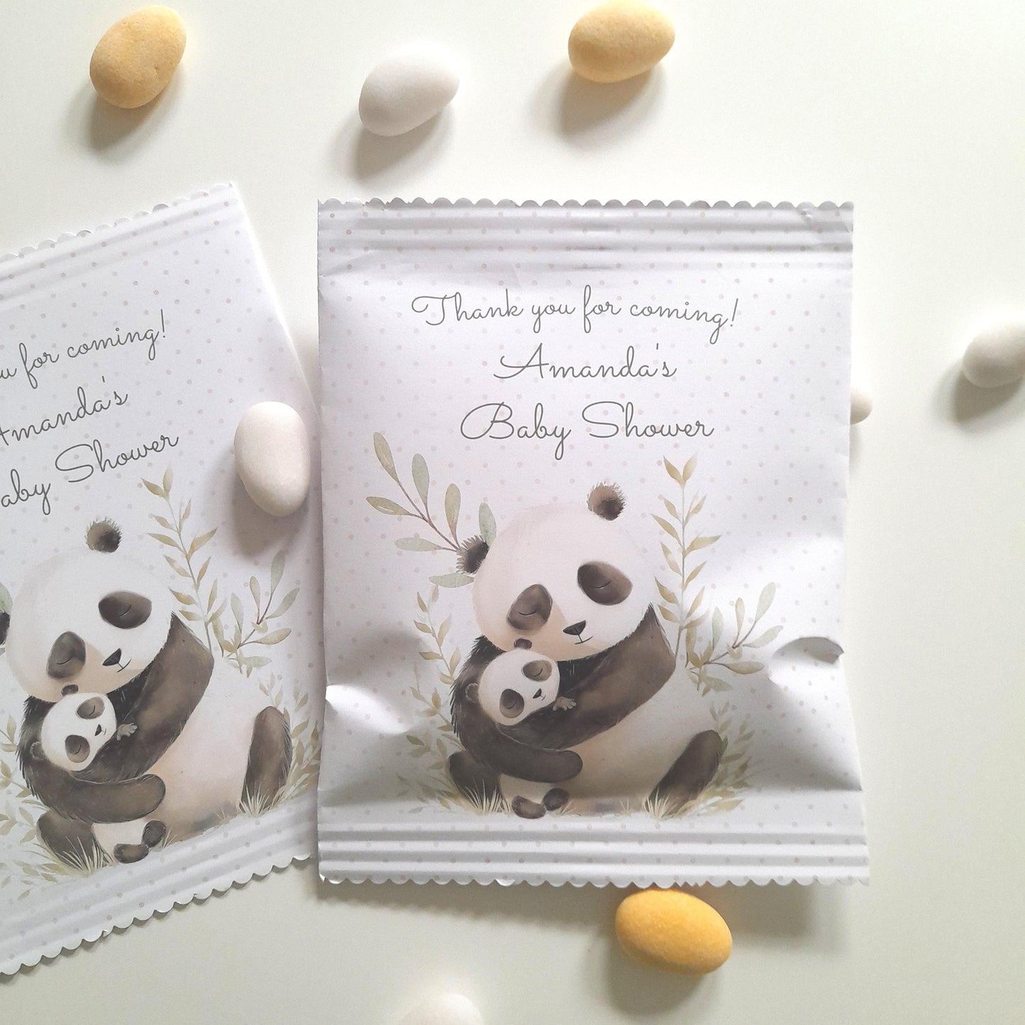 Personalised ‘Thank you for coming!’ Mama Panda party bag—white matte paper with scalloped top, charming panda and baby design surrounded by green leaves and polka dots, customised with name and occasion, approx 13 cm × 17 cm