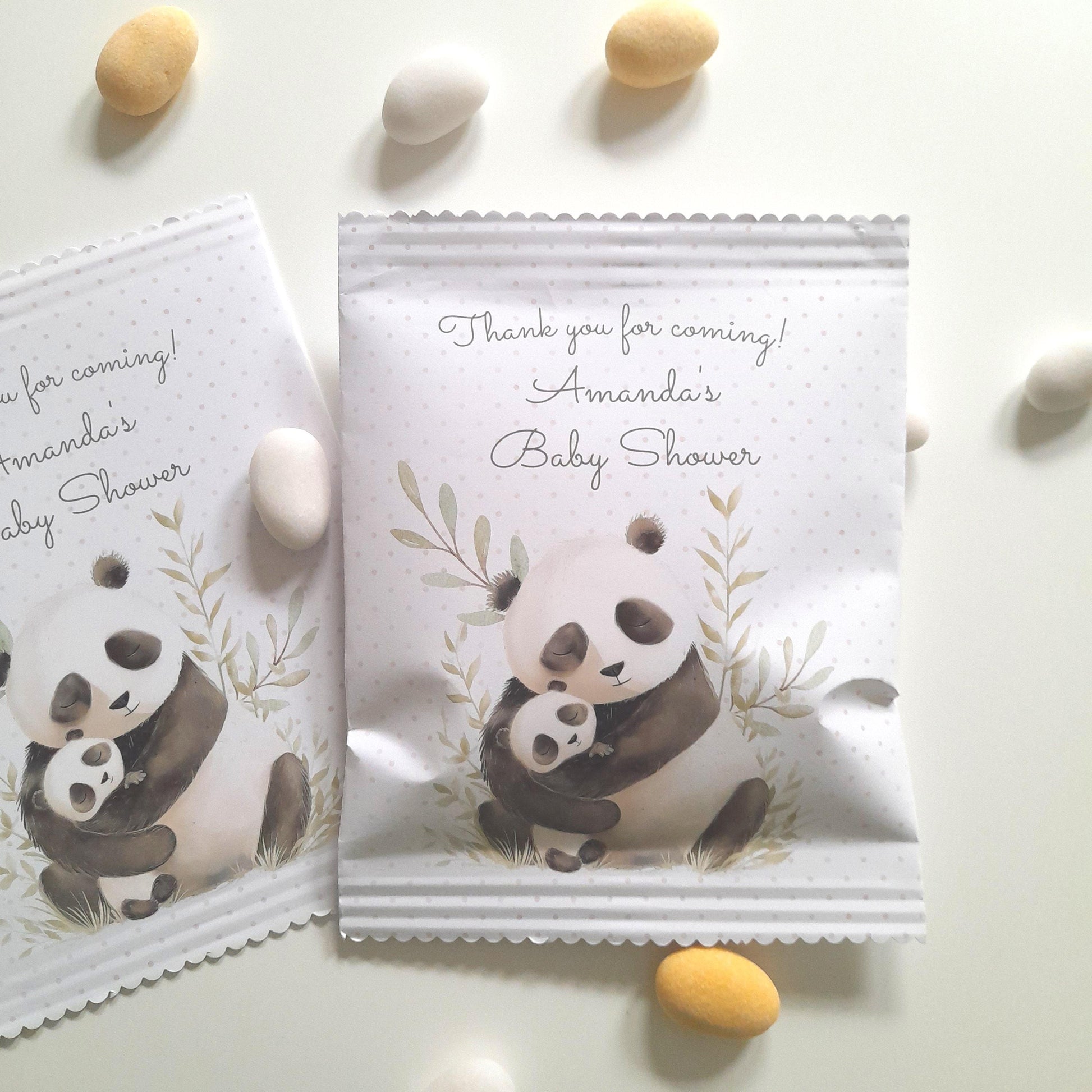 Personalised ‘Thank you for coming!’ Mama Panda party bag—white matte paper with scalloped top, charming panda and baby design surrounded by green leaves and polka dots, customised with name and occasion, approx 13 cm × 17 cm