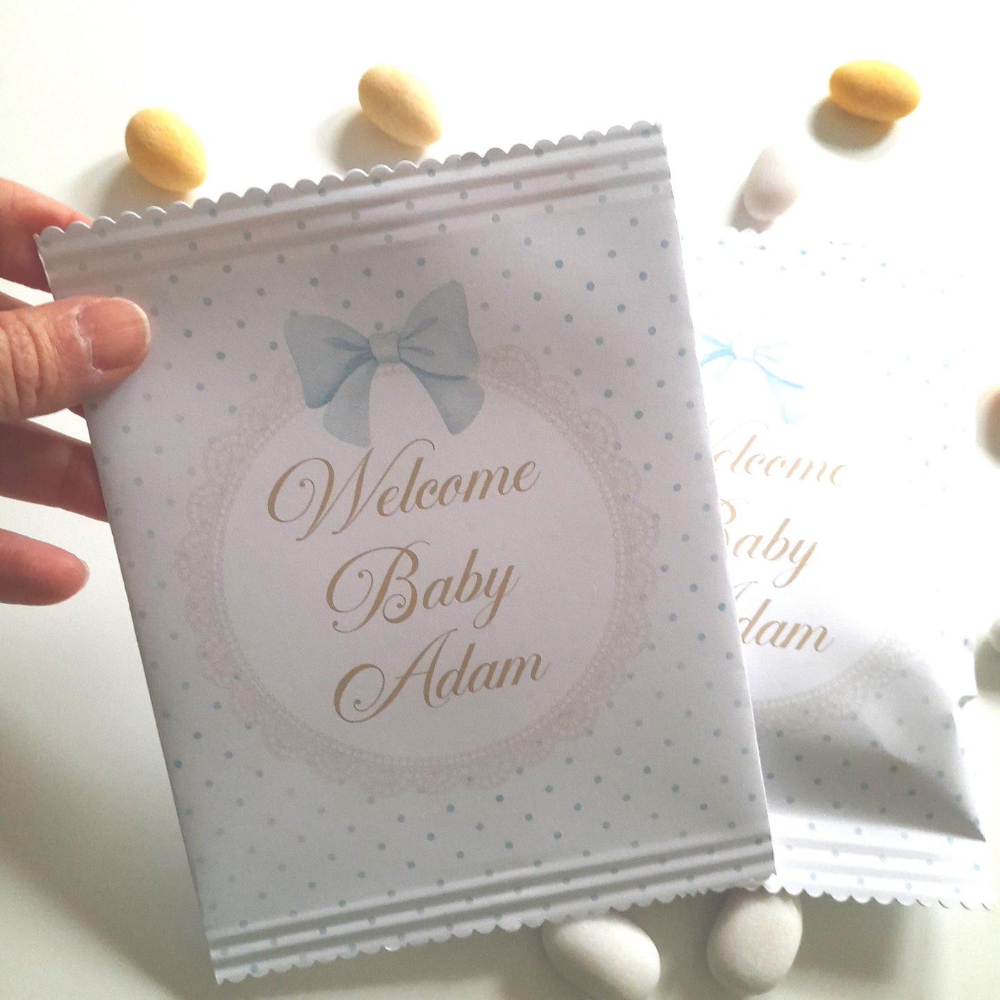 Personalised Welcome Baby Boy Party Bags – Treat Favours (Pack of 10)