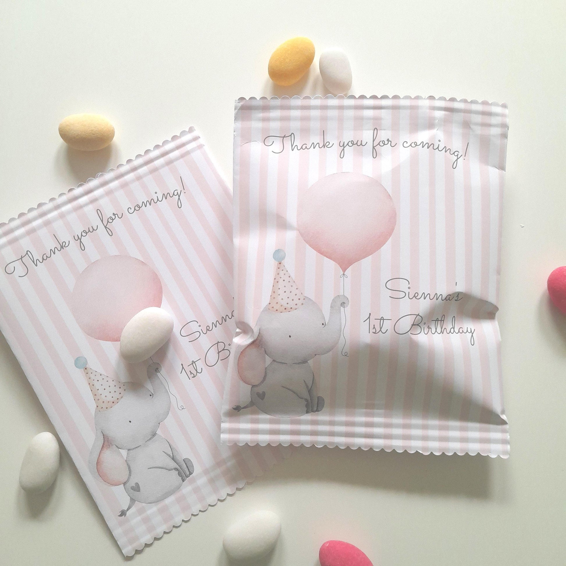 personalized party bags featuring a baby elephant design. Ideal for girls' birthdays, baby showers, or as thank-you gifts.