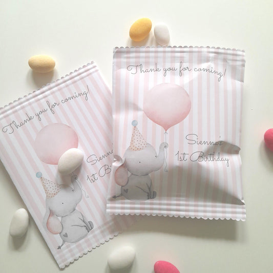personalized party bags featuring a baby elephant design. Ideal for girls' birthdays, baby showers, or as thank-you gifts.