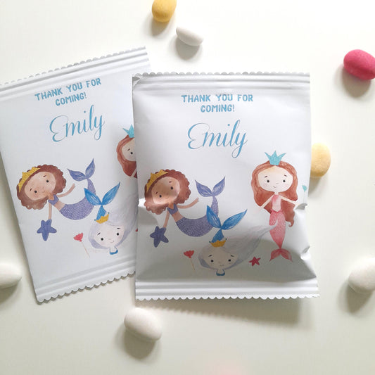 Mermaid-themed party bag – matte-finish paper with colourful mermaid illustration and ‘Thank you for coming!’ text, personalised name, self-sealable, approx 13 cm × 17 c