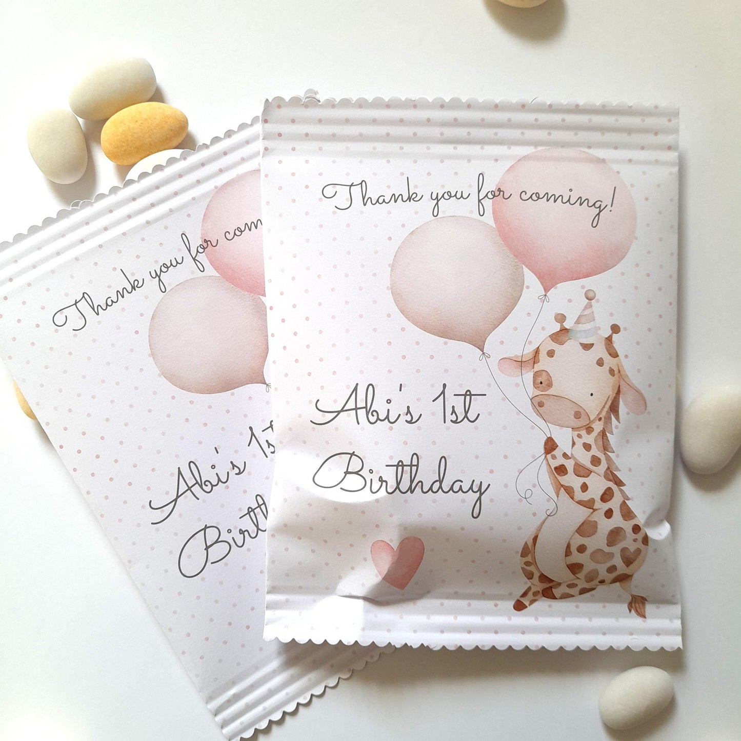 Personalised Baby Giraffe 1st Birthday Treat Bags for Girls (Set of 10)