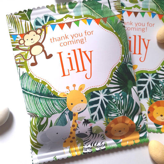 Personalised treat bags featuring a jungle safari theme, with "Thank you for coming!" and the child's name printed on them. Ideal for safari-themed birthday parties and party favours.