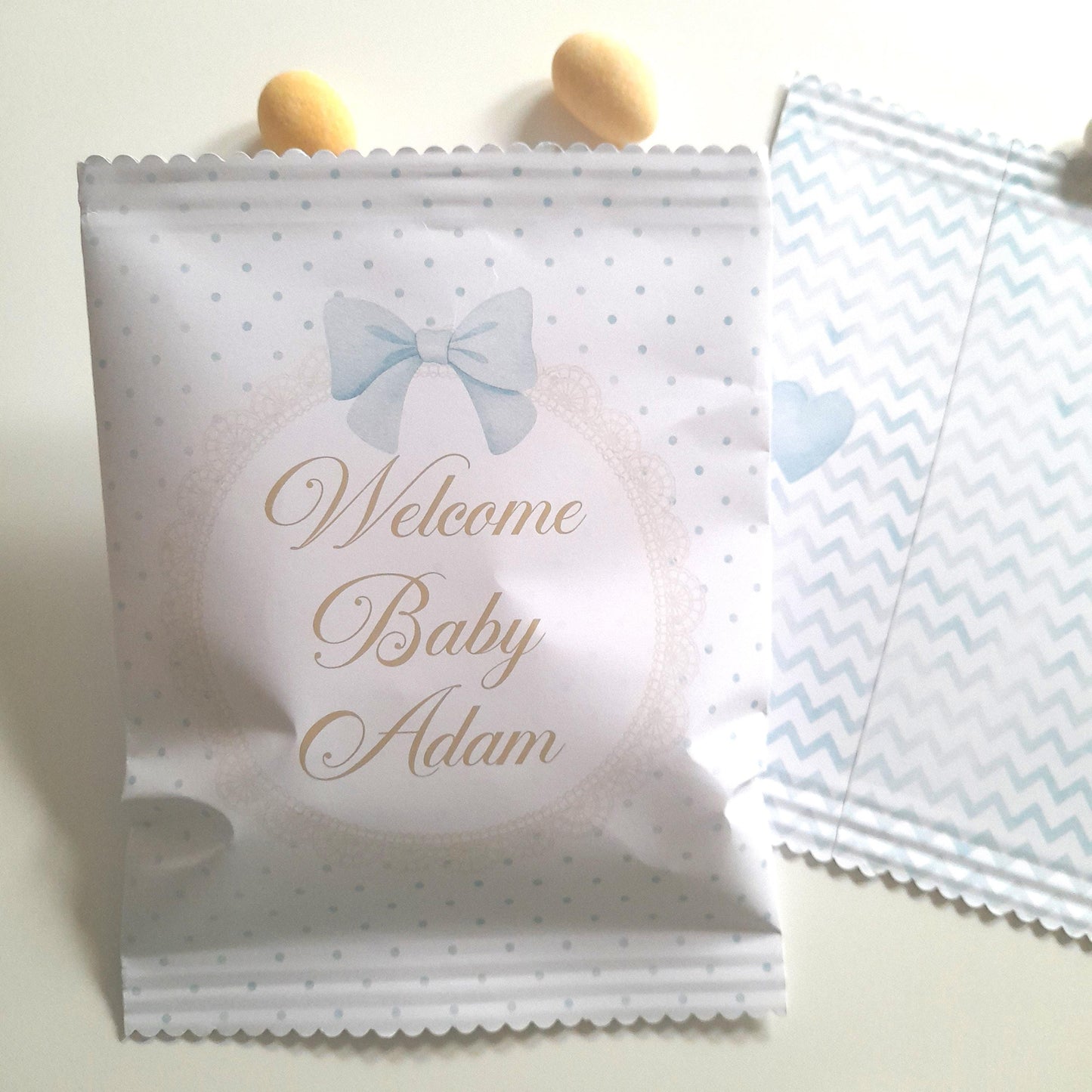 Personalised welcome baby boy party bags. Handmade in the UK, they can be personalised with the baby's name.  Perfect for baby showers, christenings, and new baby celebrations