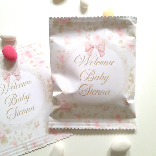 Welcome baby girl party bags