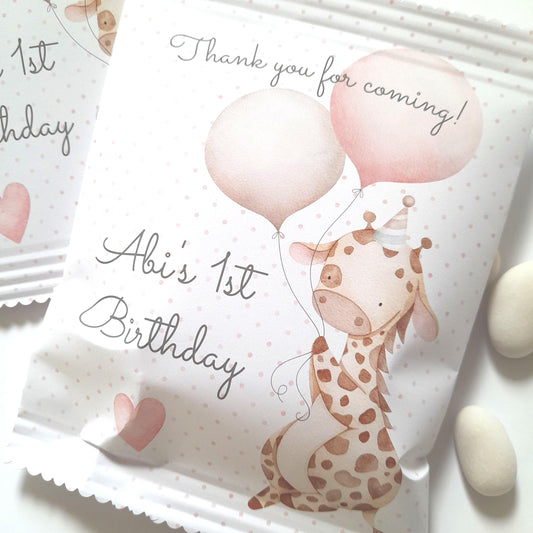 Personalised giraffe first birthday treat bag – matte-finish paper with cute baby giraffe illustration, reads ‘Thank you for coming!’, customised with name and occasion, self-sealing, approximately 13 cm × 17 cm, pack of 10