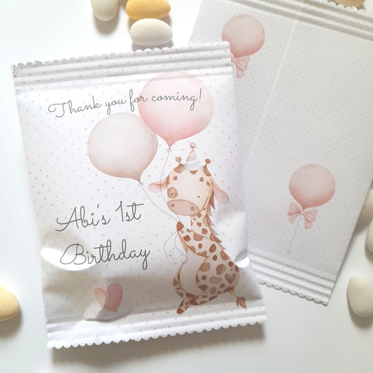 Personalised Baby Giraffe 1st Birthday Treat Bags for Girls (Set of 10)