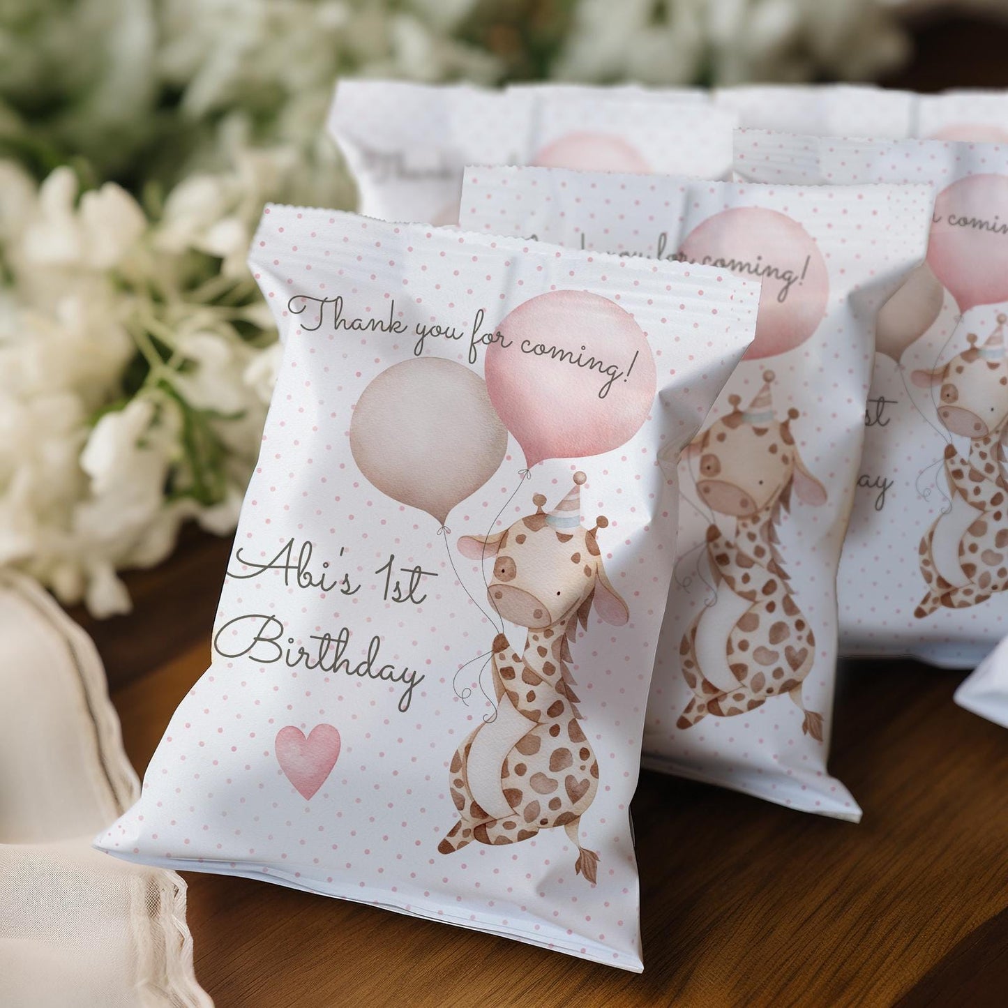 Personalised Baby Giraffe 1st Birthday Treat Bags for Girls (Set of 10)