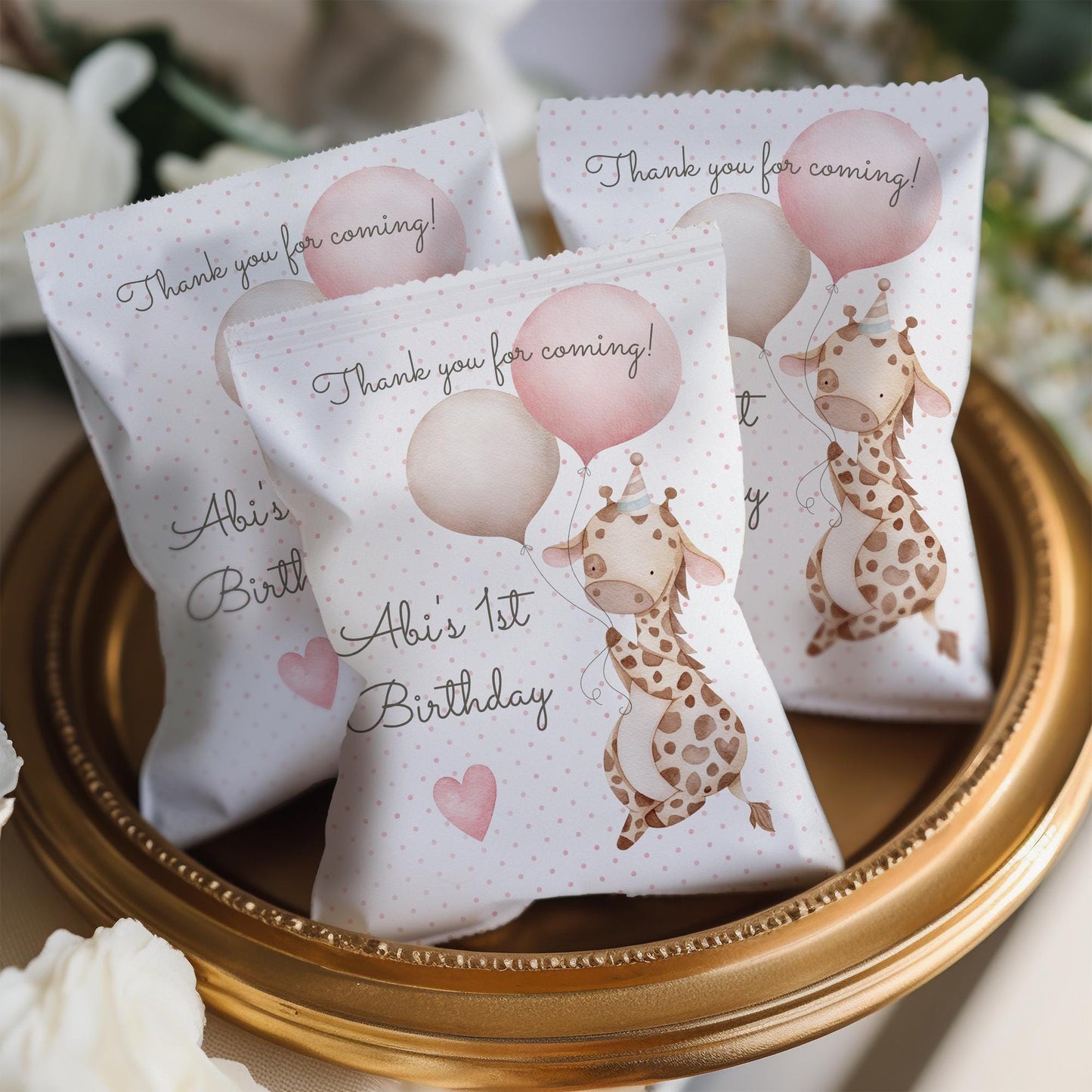 Personalised Baby Giraffe 1st Birthday Treat Bags for Girls (Set of 10)