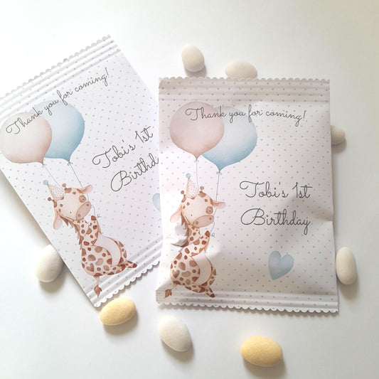 Personalised giraffe-themed favour bag for first birthday – matte-finish paper with smiling cartoon giraffe illustration, scalloped or straight top edge, reads ‘Thank you for coming!’, customised with baby’s name, self-sealing, approx 13 cm × 17 cm