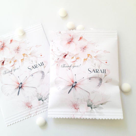 A set of 10 butterfly-themed treat bags that can be personalised with a name and occasion. They have a matte finish and a self-sealing design