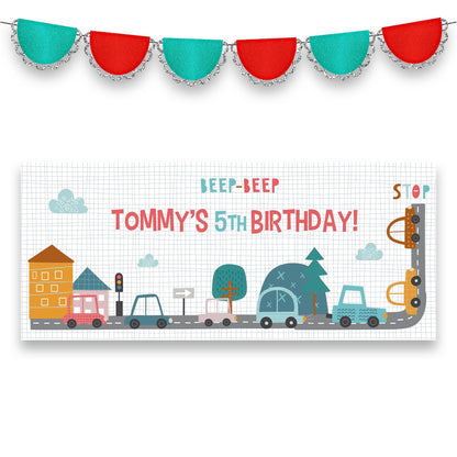 Vibrant Personalised Car-Themed Birthday Banner