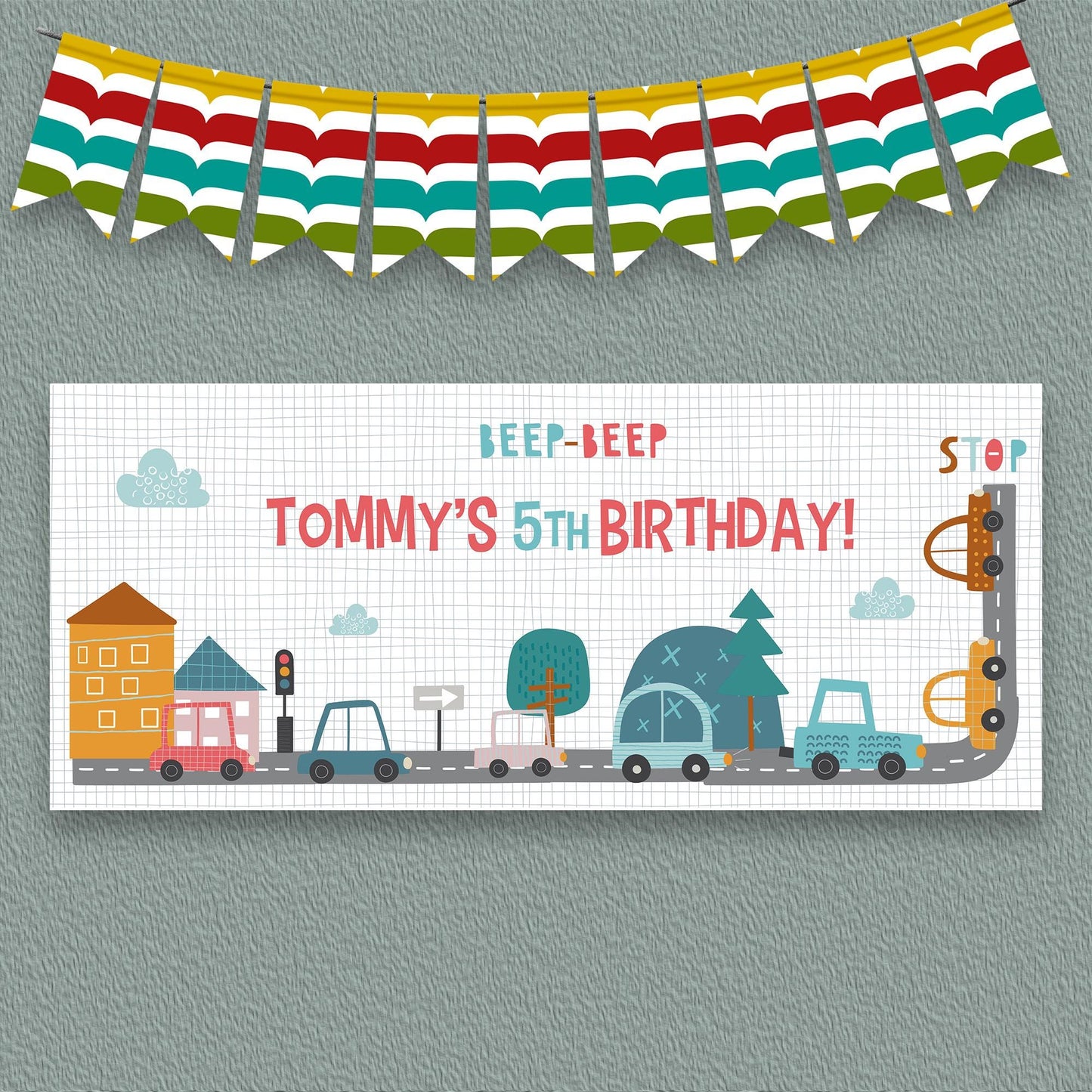 Vibrant Personalised Car-Themed Birthday Banner
