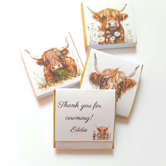 Personalised Highland Cow Chocolate Favours – Rustic Party Treats