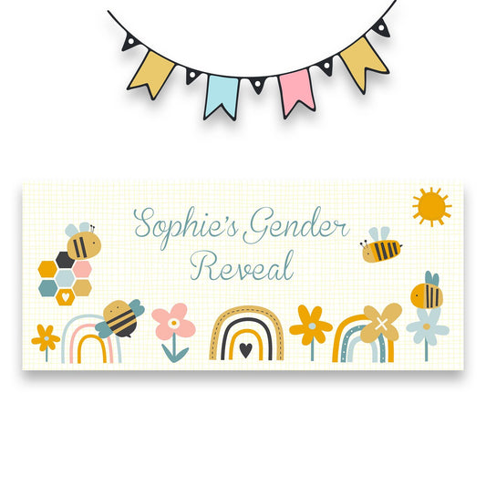 A personalized "What Will It Bee?" gender reveal banner.  Features illustrations of bees and is printed on satin paper.  Ideal for baby showers, gender reveals, and pregnancy celebrations.