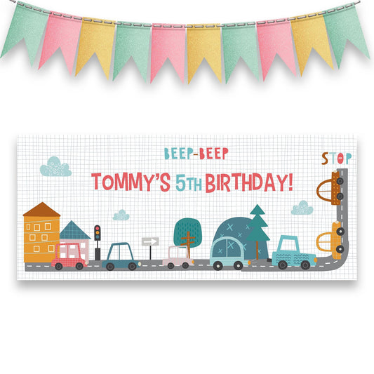 Birthday banner with colorful traffic-themed design and 'Tommy's 5th Birthday' text.