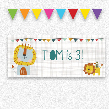 personalized birthday banner for a safari, jungle, or animal-themed party.
