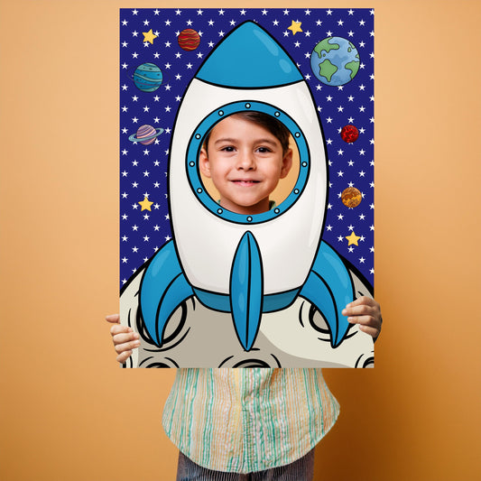 This product is a Space Rocket Photo Booth Prop, designed as an outer space face cut-out.