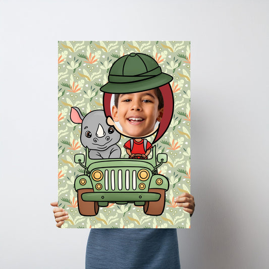 A cartoon rhino photo booth prop made from lightweight 5 mm foam, ideal for kids' jungle-themed parties.