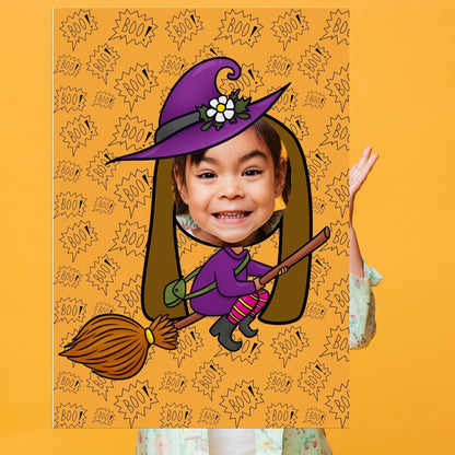 Flying Witch Photo Booth Prop – Halloween Face Cut-Out (5 mm Foam)