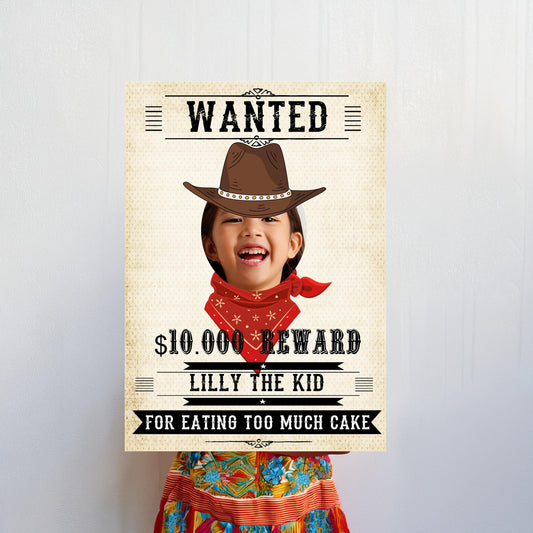 personalized "Wanted" poster photo booth prop.
Theme: Western cowboy.

Durable 5 mm foam.
Ideal for Western-themed parties, kids' birthdays, or fun outlaw portraits.