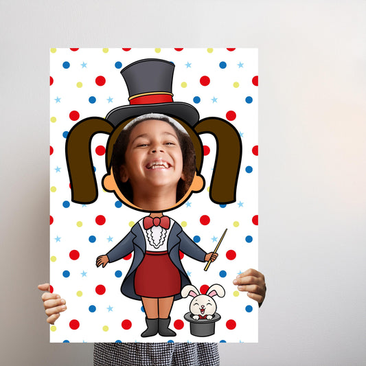 Magician Girl Photo Booth Prop – Circus Magic Face Cut-Out

A lightweight, durable foam cut-out designed for photo booths. It has a circus theme and is perfect for children's parties.